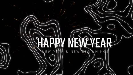 Animation-of-happy-new-year-text-and-fireworks-with-white-lines-on-black-background