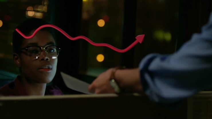 Animation of arrow over african american businesswoman working in office