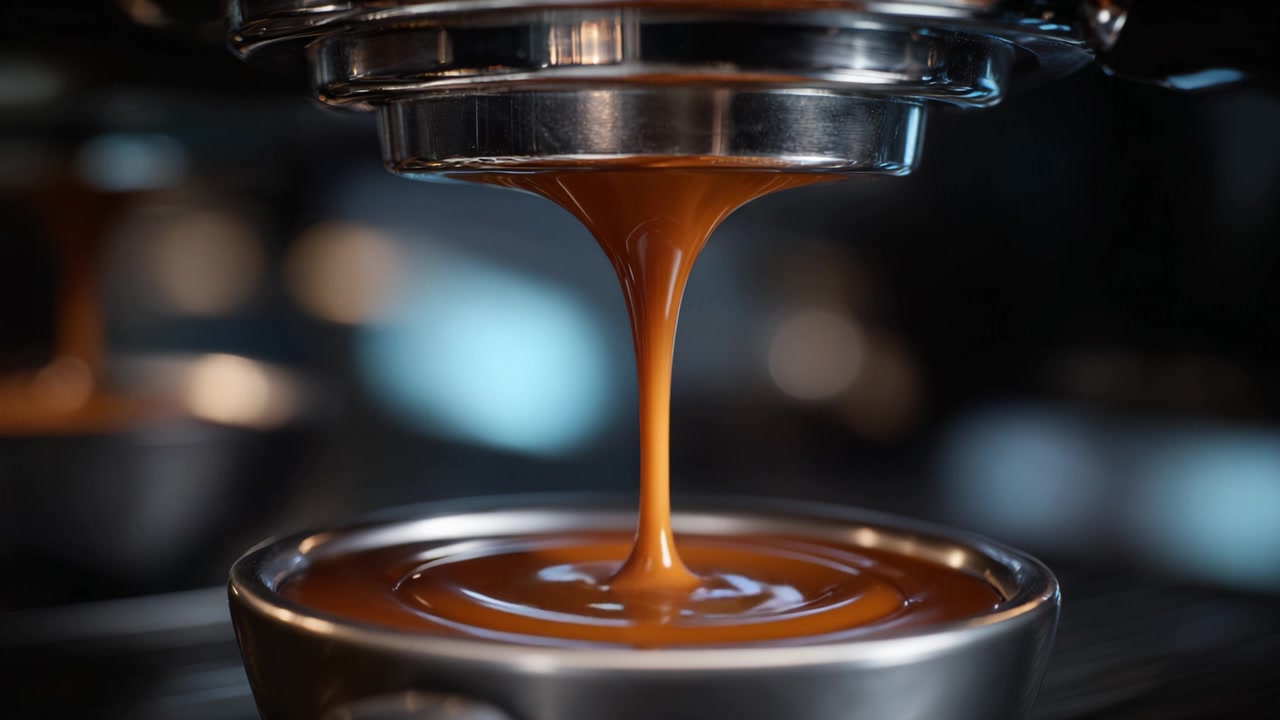 Espresso ricco e vellutato che gocciola lentamente da una macchina da caffè, mostrando la perfezione delle tecniche di preparazione e la bellezza dell'estrazione del caffè.