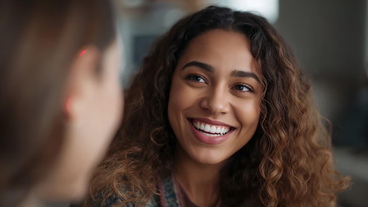 Smiling adult woman reacting to friend speaking in cafe, wearing patterned top, red lights