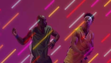 Animation-of-neon-lines-over-basketball-players-on-neon-background
