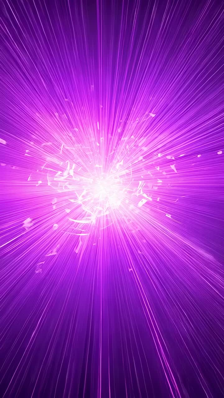 Vertical video: Glowing central core emitting purple rays in gradient, expanding with particles