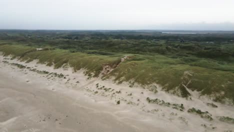 a high-altitude drone orbits to the right, starting with a view towards the dunes at hvide sande beach and gradually revealing the stormy ocean as it turns, capturing a dramatic seascape