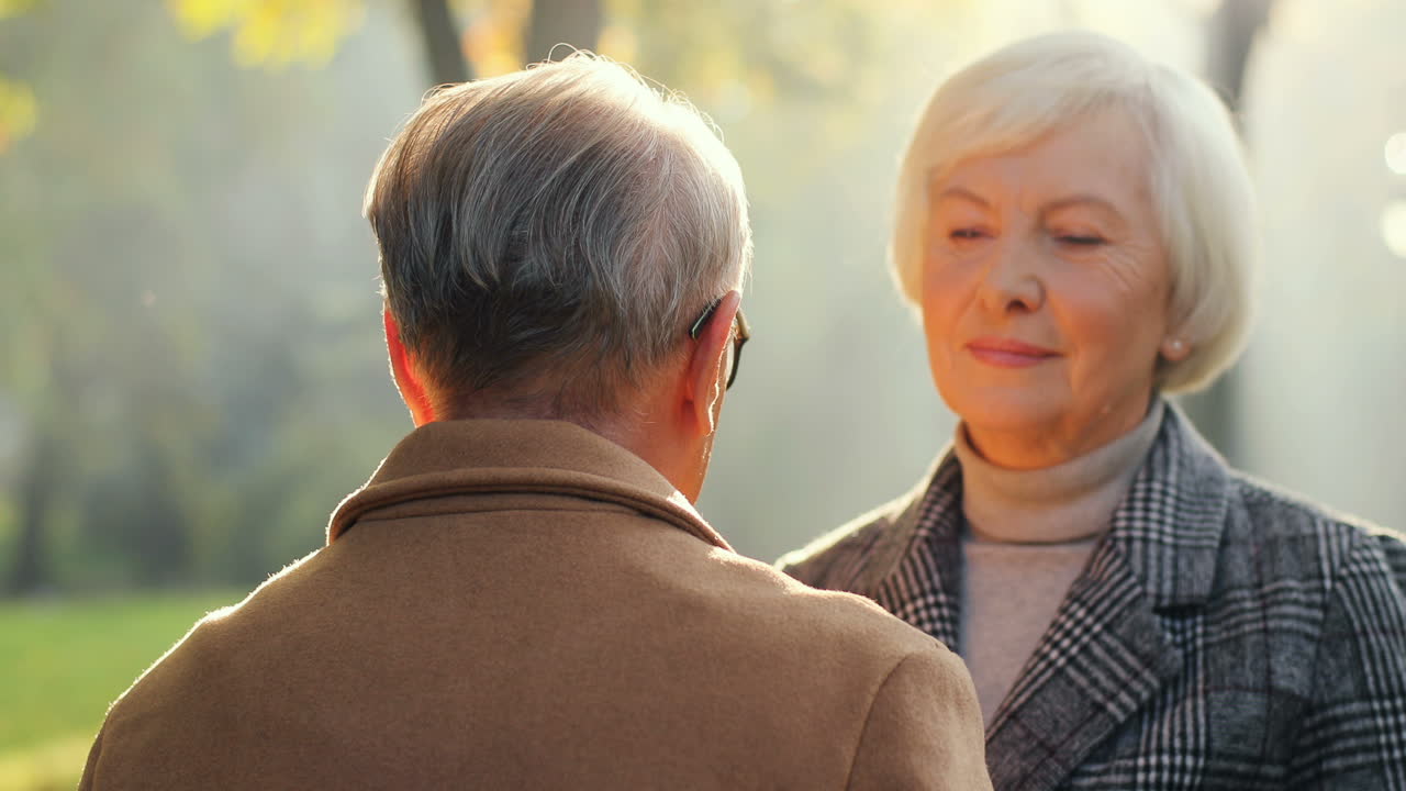 가을에 공원에서 일몰에 그녀의 파트너를 껴안고 있는 노인의 뒷모습