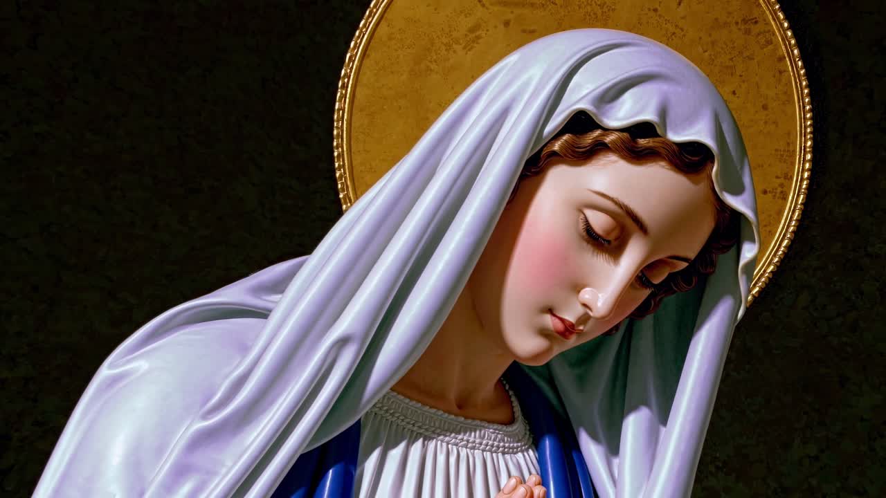 Close up of a serene Virgin Mary statue praying with hands joined, wearing a white veil and blue clothes, a golden halo behind her head, and a dark background