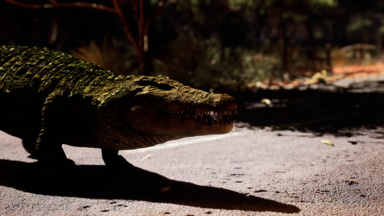 Crocodile walking along a pathway in the evening light near wetland area