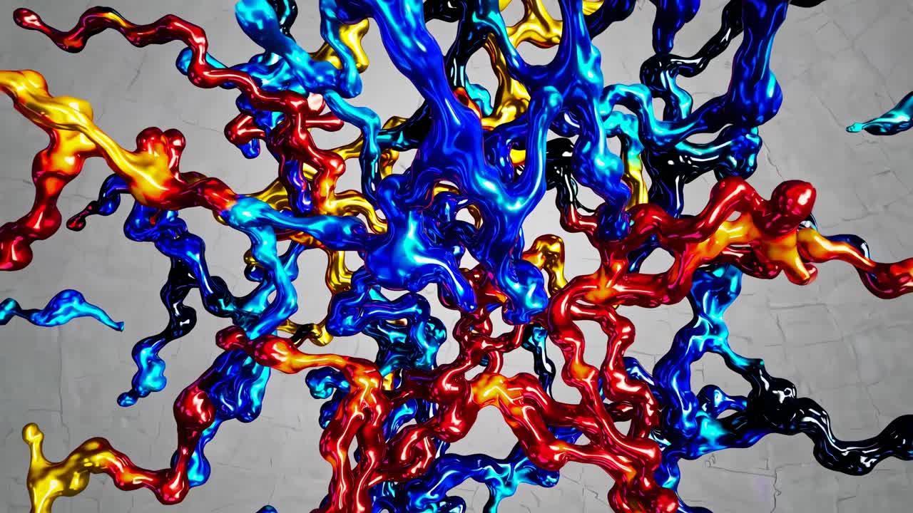 Top-down view of vibrant, abstract 3D shapes resembling liquid splashes, ideal for a dynamic video