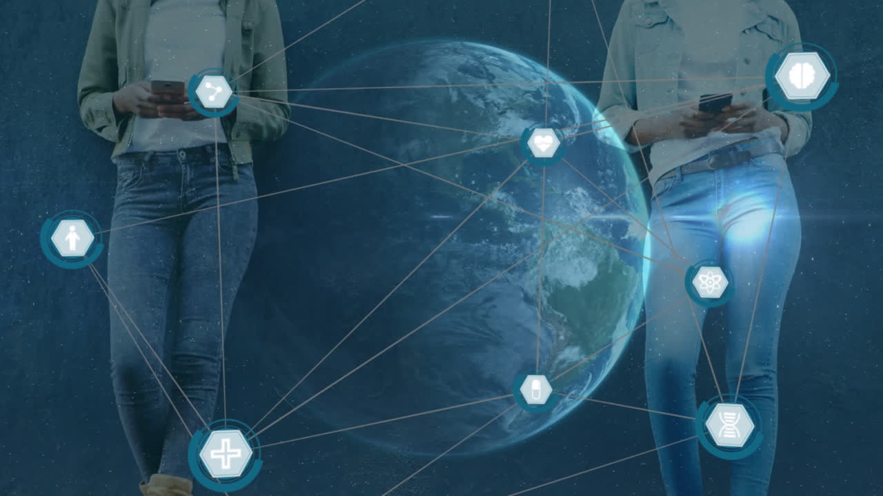 la animación de digital globe muestra el concepto de seguridad en línea con mujeres usando un teléfono inteligente.
