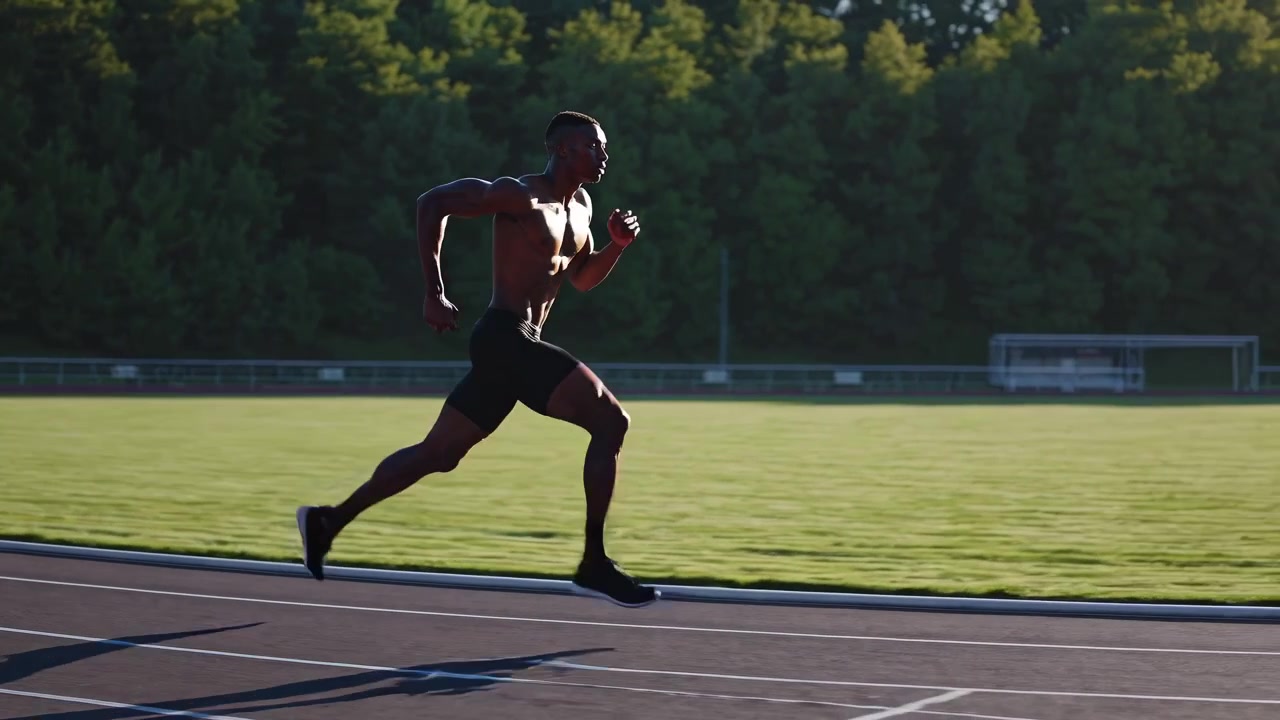 Atleta sin camiseta corriendo en una pista al aire libre al atardecer