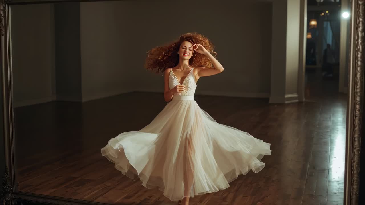 Camera starting recording, spinning woman in white gown turning, posing for camera on wood floor