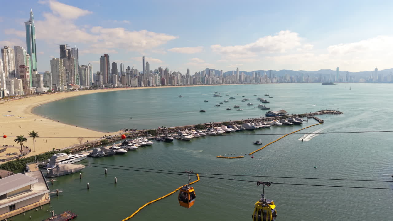 Scenic view of Balneário Camboriú bay with yachts and a cable car upfront