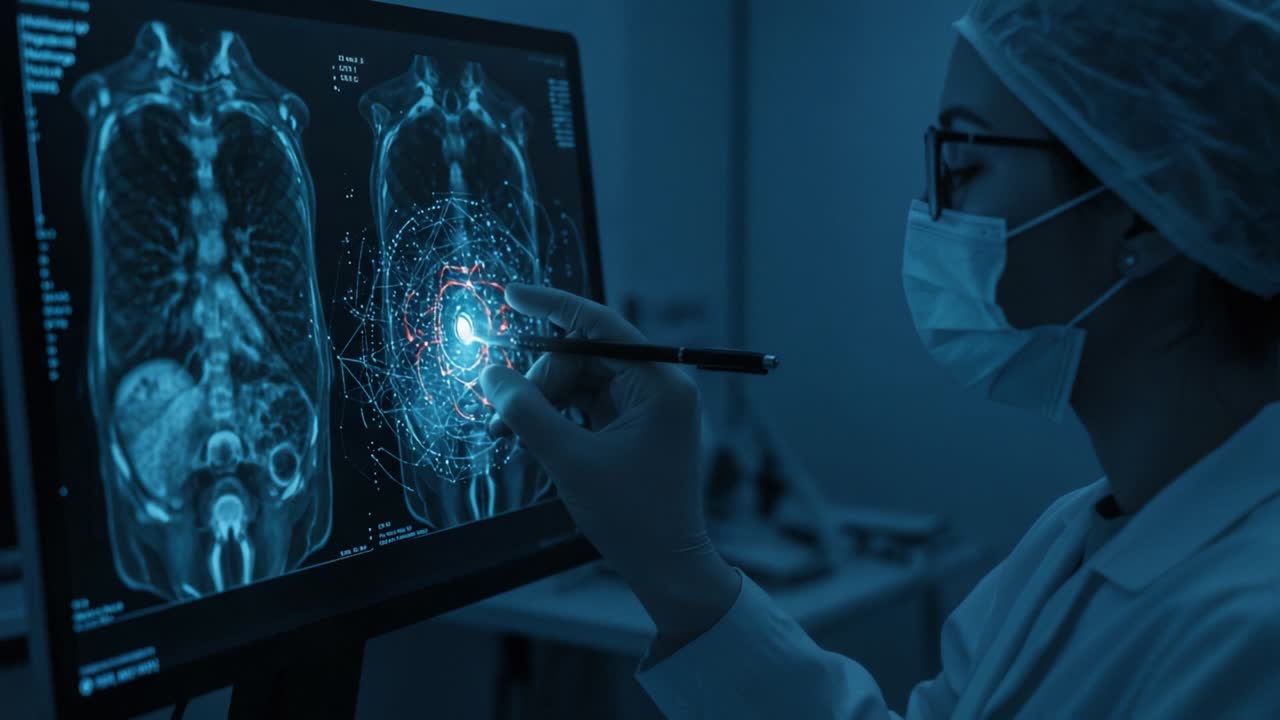 Medical Professional Analyzing Advanced Imaging Display with Annotations of Internal Structures in a High-Tech Healthcare Environment