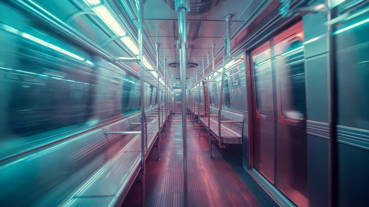 Gliding camera through subway carriage during train acceleration, with metal seats and poles