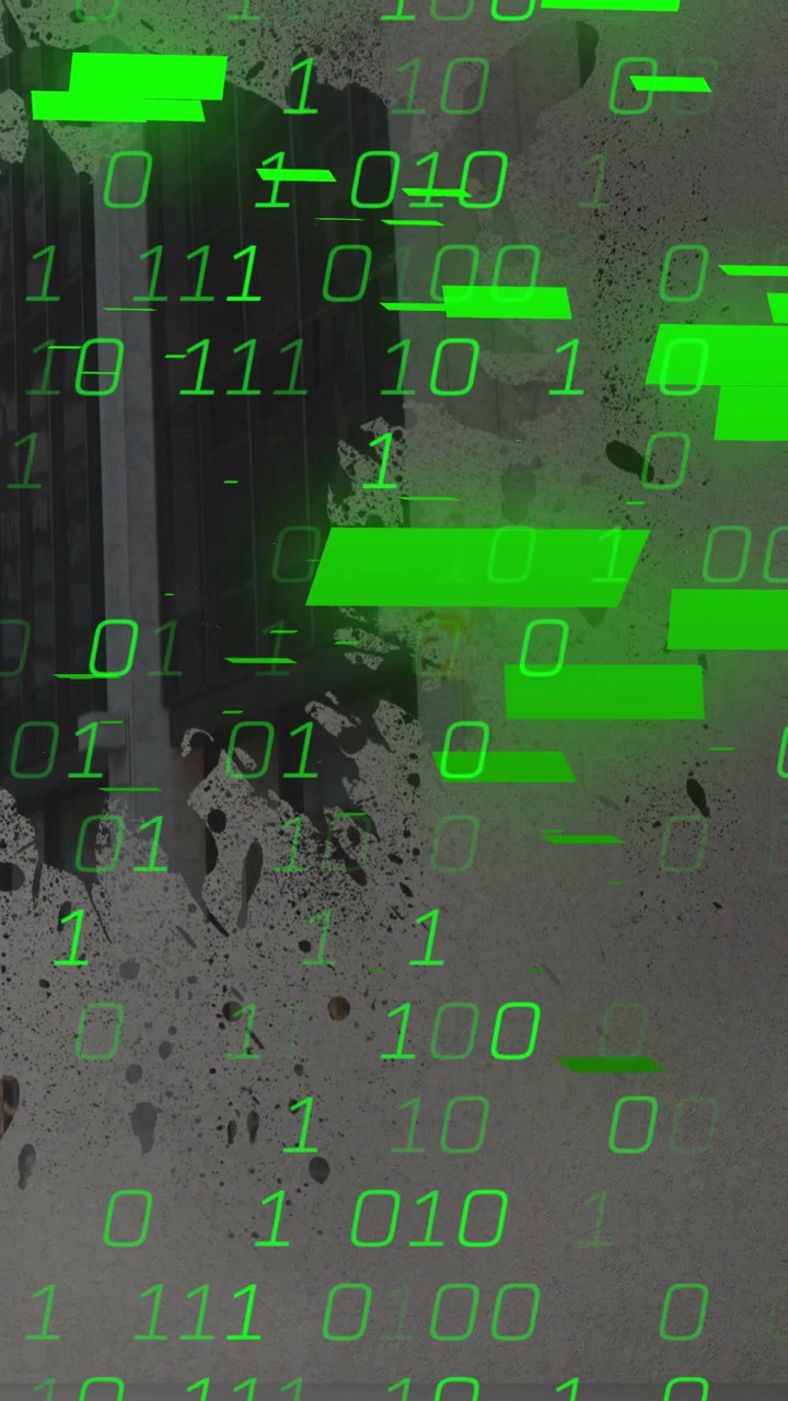 Vertical video: Green overlay fading in, moving over grate, visualizing technology binary bars
