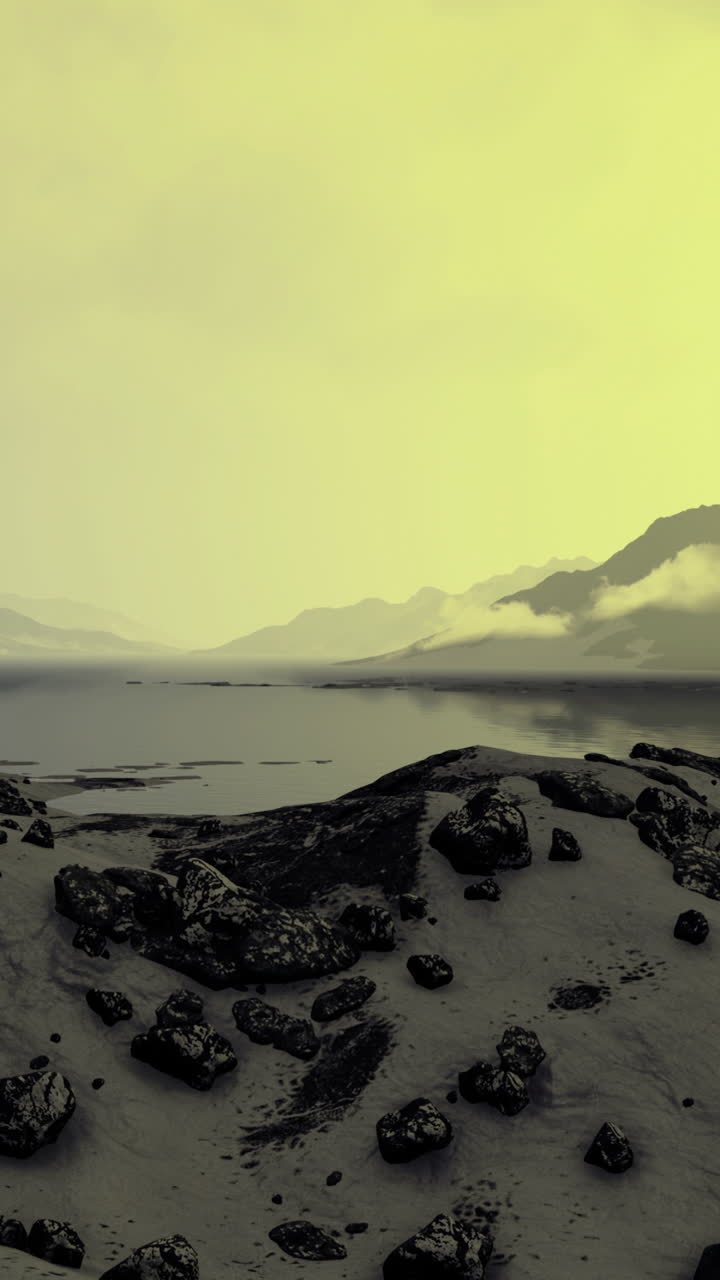 Ethereal landscape at twilight with mist hovering over tranquil waters