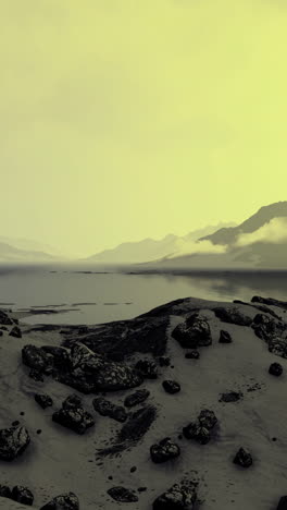 ethereal landscape at twilight with mist hovering over tranquil waters