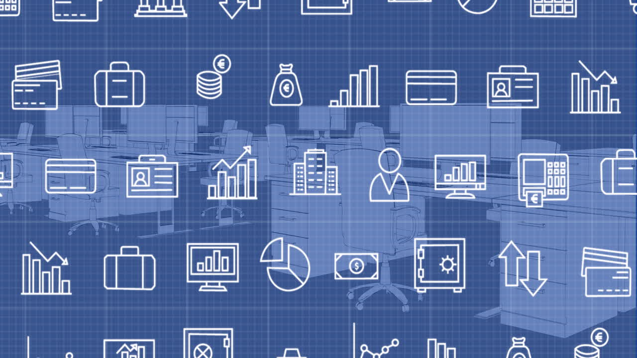 animación de múltiples iconos digitales a través de la red de cuadrícula contra el modelo de oficina 3d.