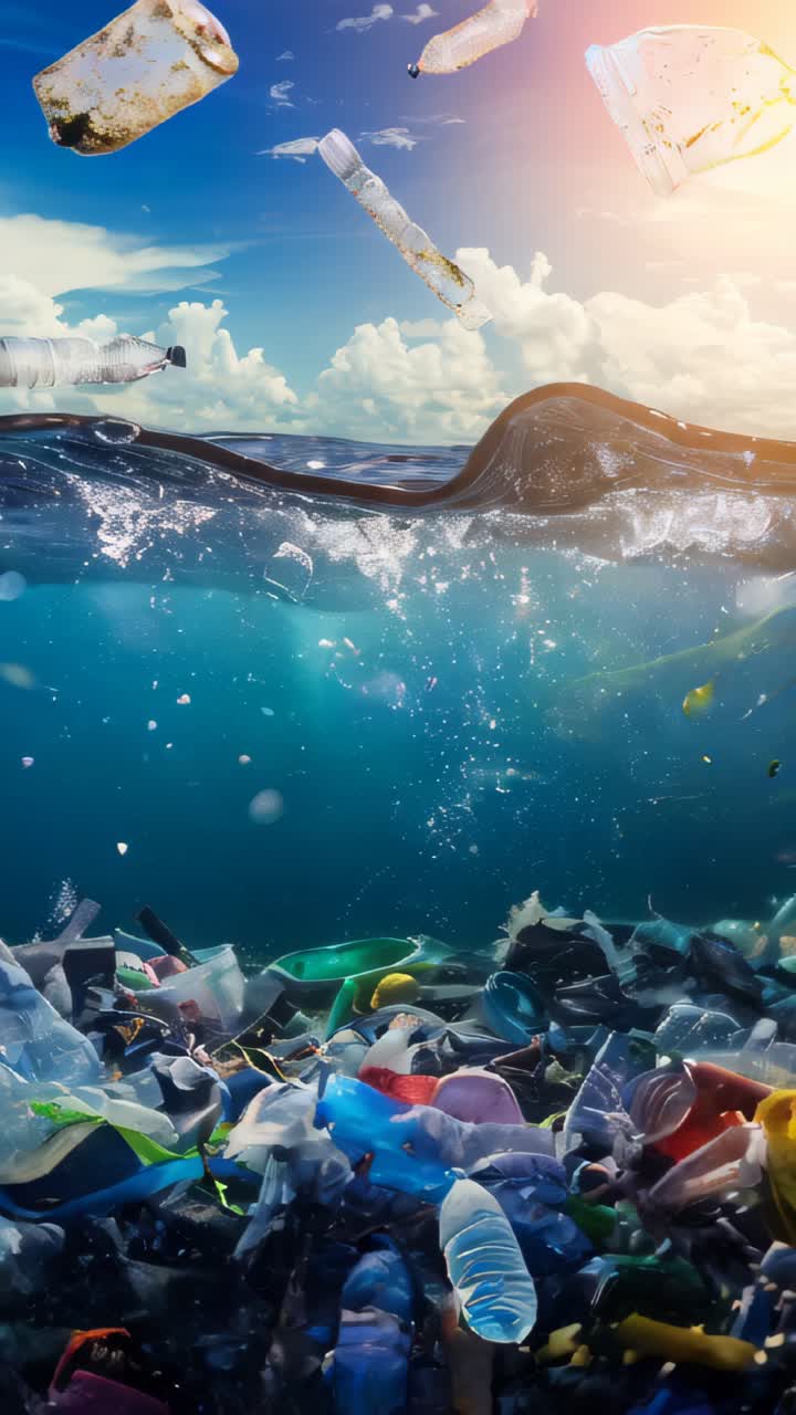 A bottle of water is floating in the ocean with other plastic bottles and trash