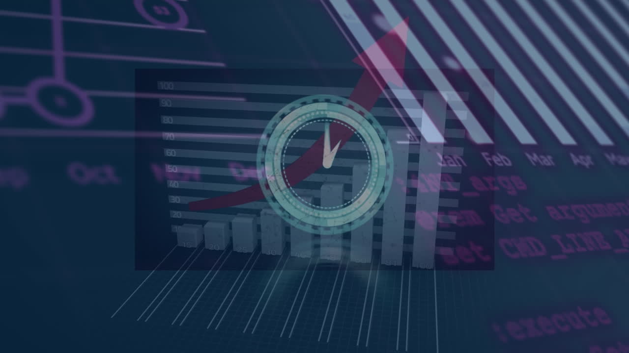 animación de reloj en movimiento sobre el procesamiento de datos con gráfico en fondo negro