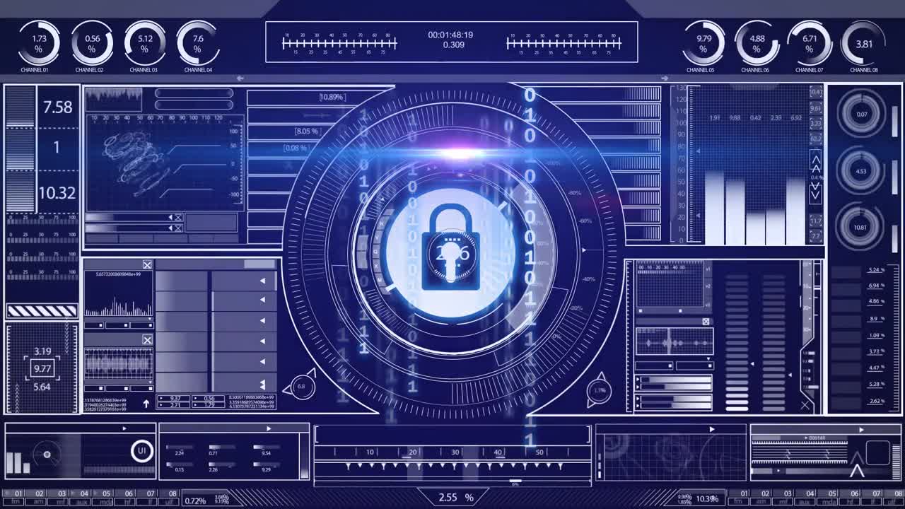 Animation of online security padlock with data processing in background