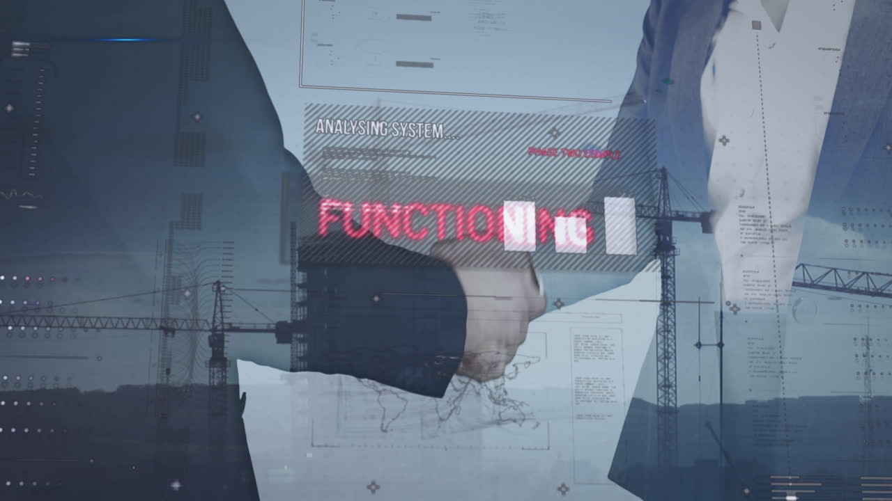 건설 현장과 백인 사업가들이 손을 흔들고 있는 데이터 처리 애니메이션