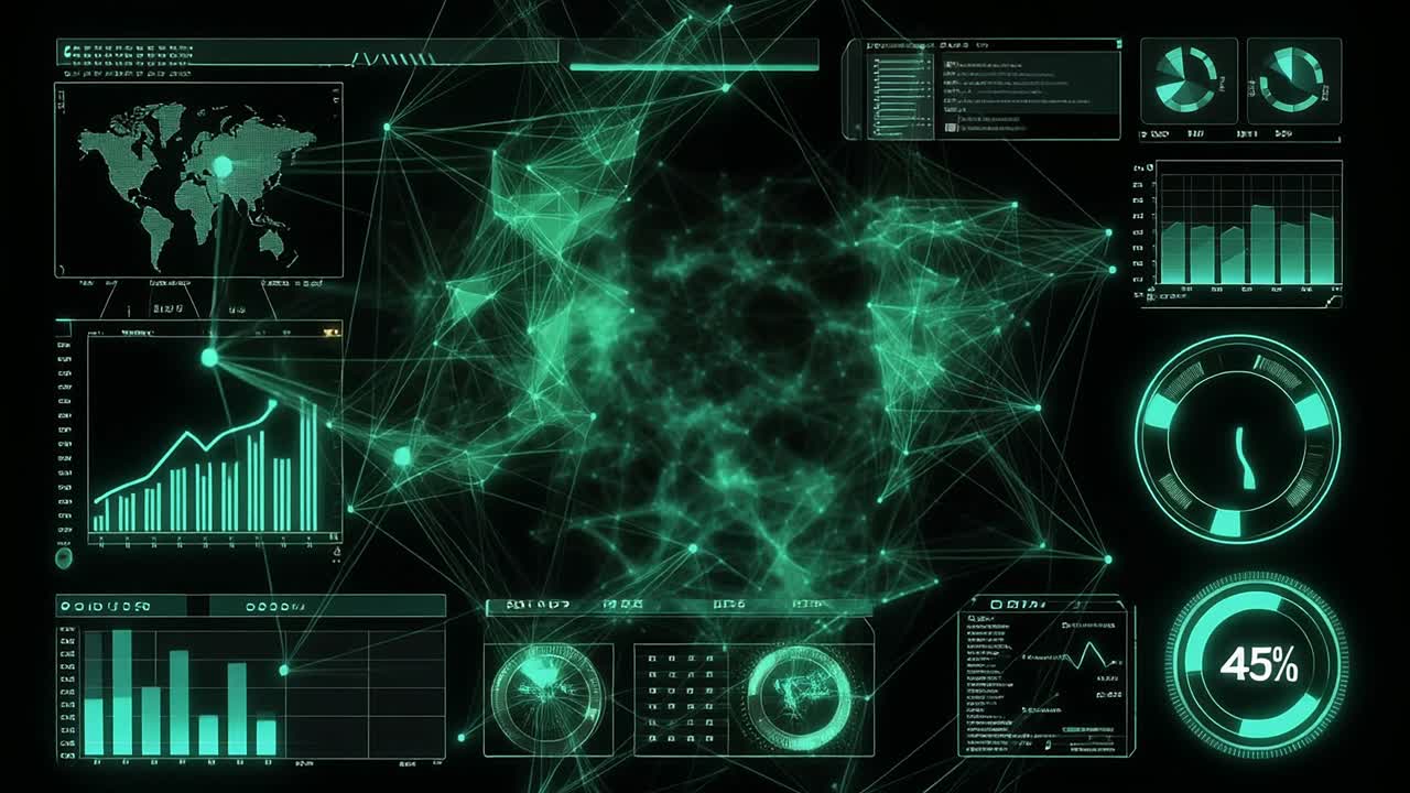 Futuristic Digital Interface with Data Visualization and Network Connections