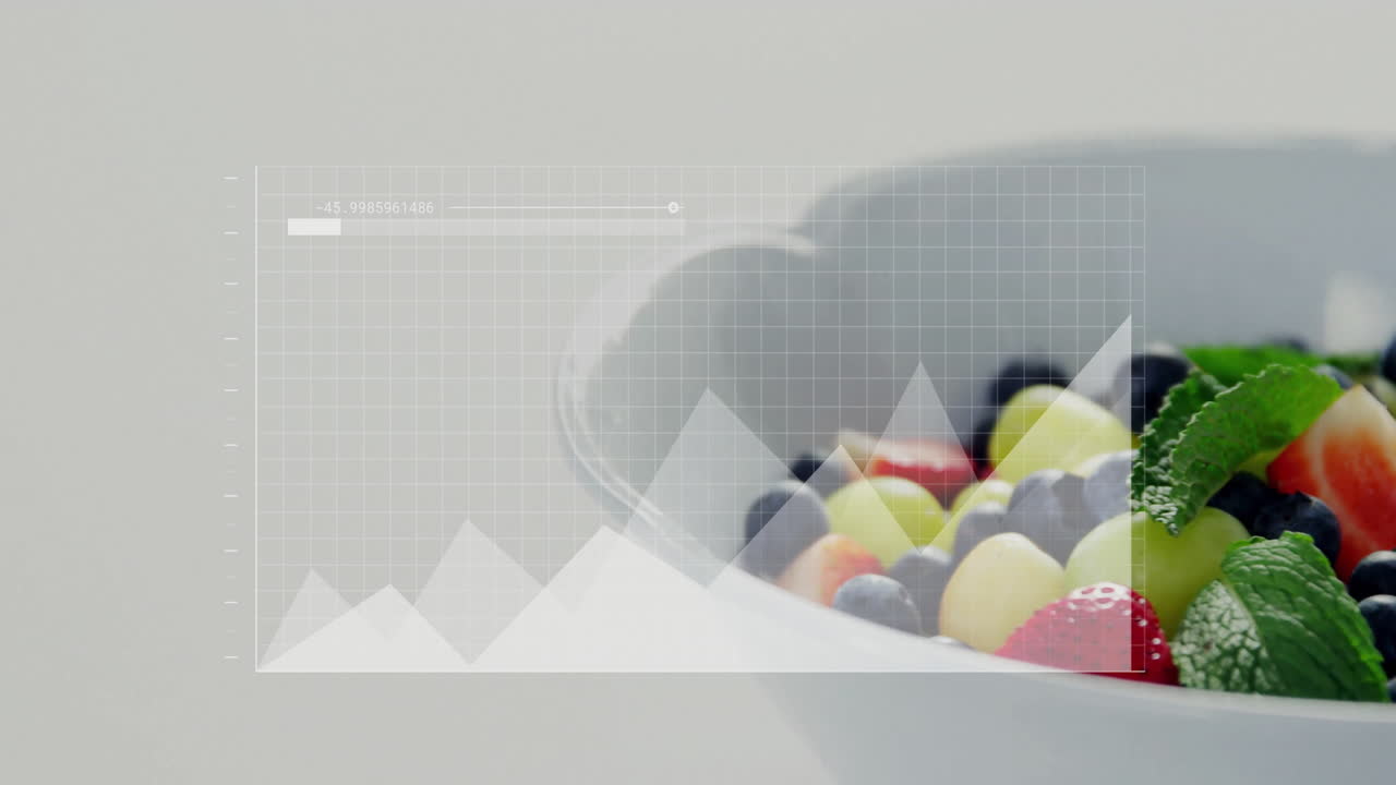 Data graph overlay on bowl of fresh fruit, analyzing nutritional content