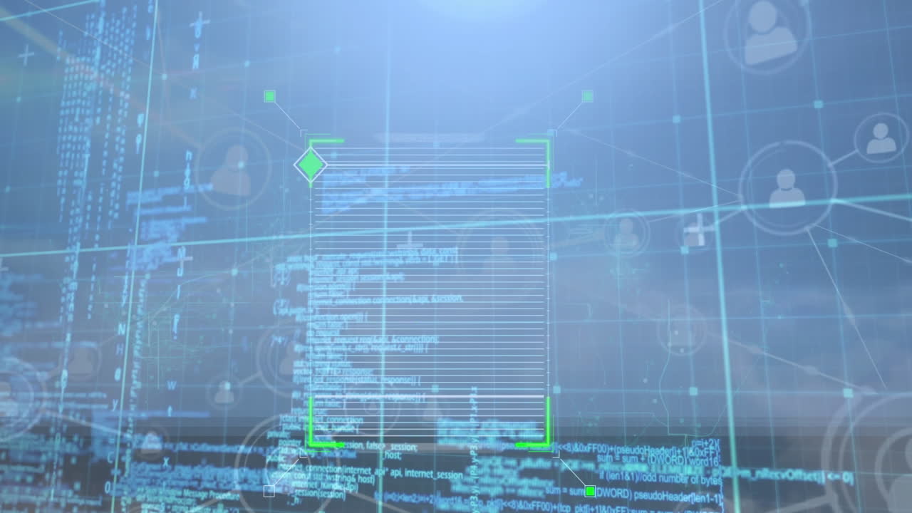 Animation of scope scanning over network of profile icons and data processing against blue sky