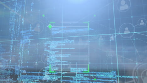 animación del escaneo del alcance a través de la red de iconos de perfil y procesamiento de datos contra el cielo azul