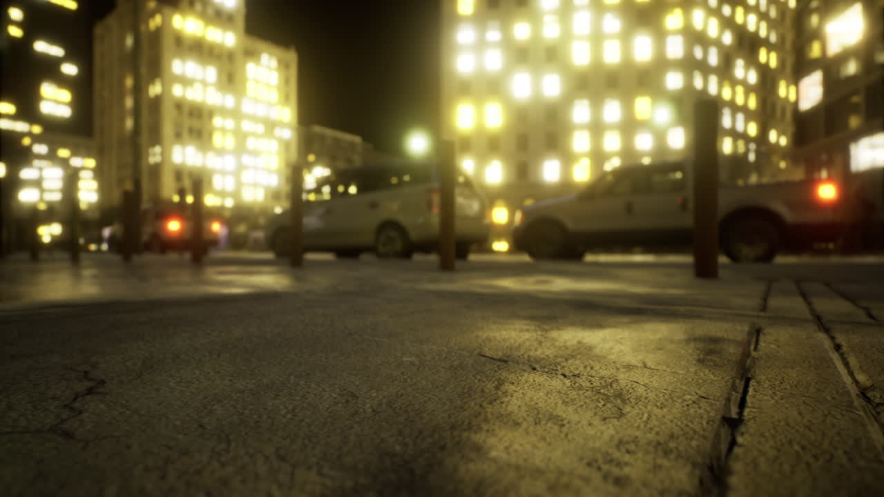 City lights illuminate urban streets on a quiet night