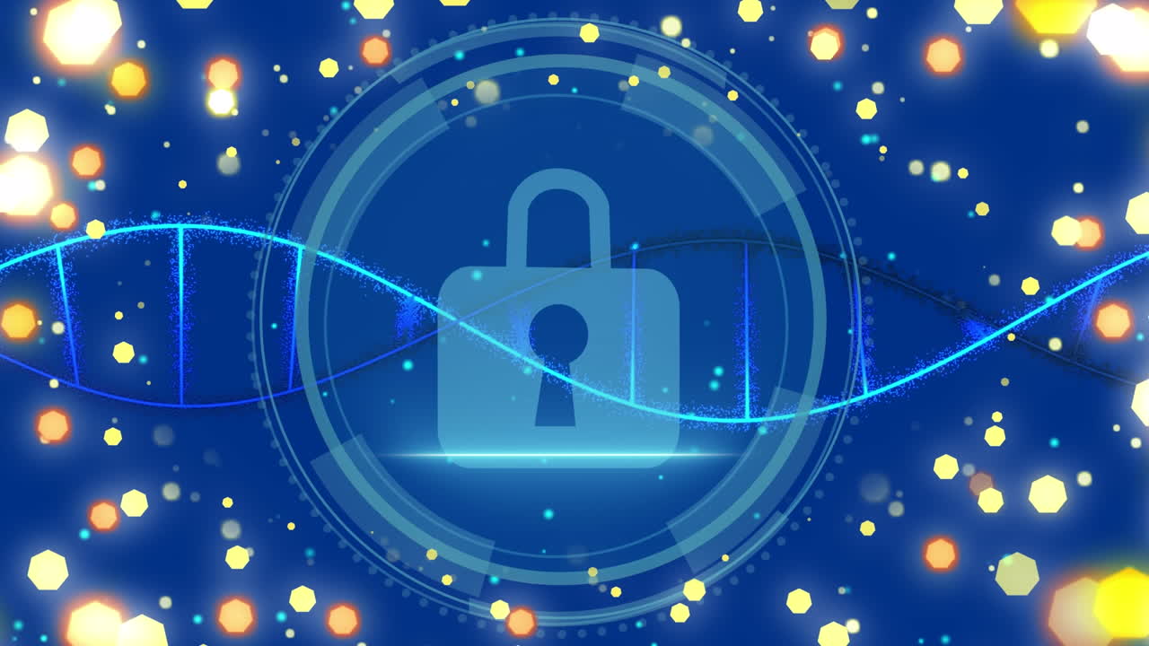 Animation of lens flares, padlock in circles, dna helix, cyber security text in shield