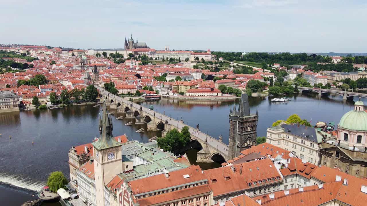 Charles Bridge Prague Castle and Vltava River on summer day, Czech Republic, 4K