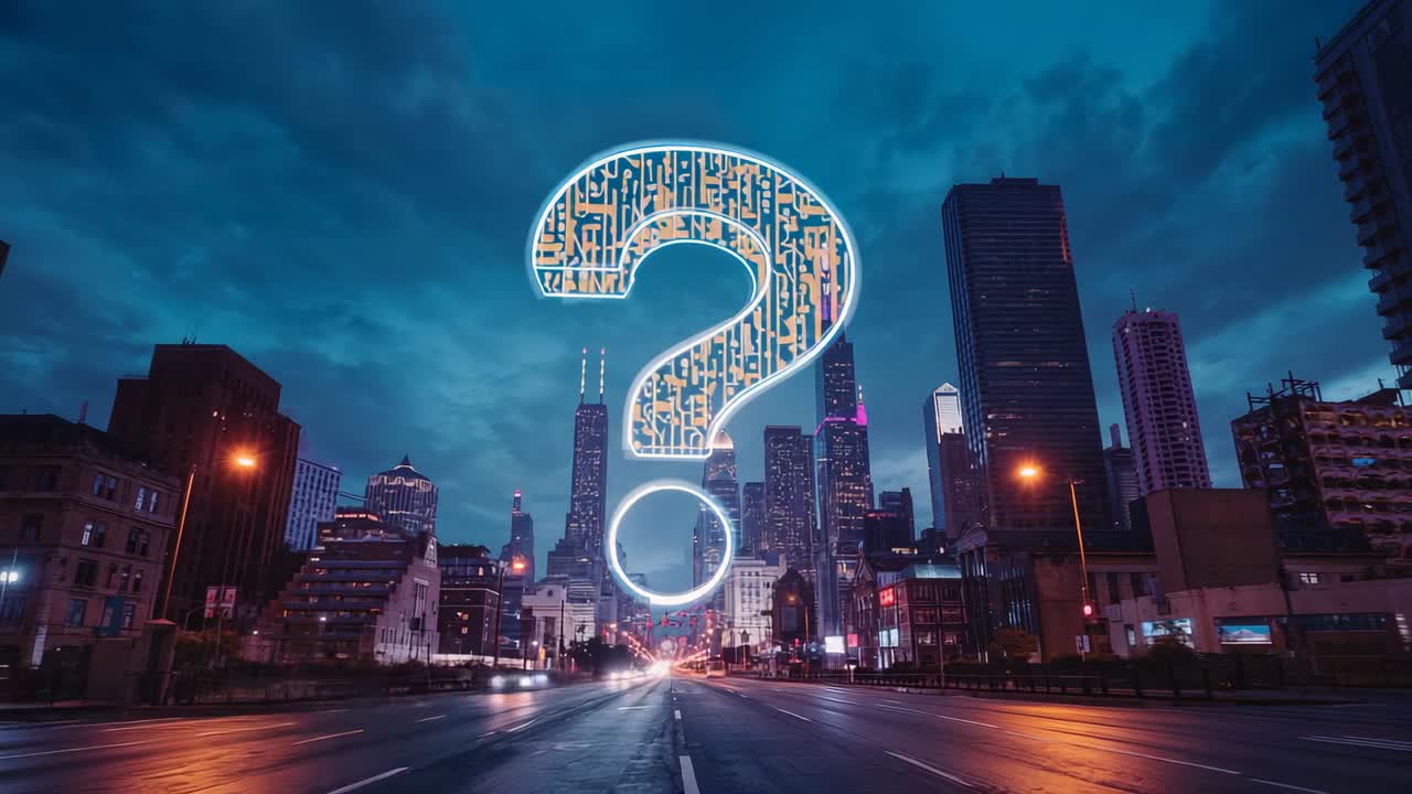 Opening on neon-blue circuit question mark pulsing over wet boulevard, cars leaving light trails