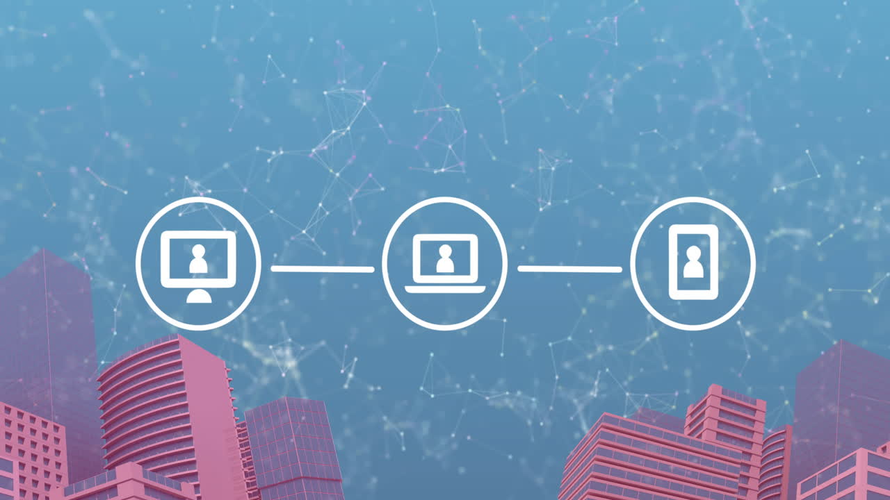 연결 네트워크와 아이콘의 애니메이션 도시 풍경