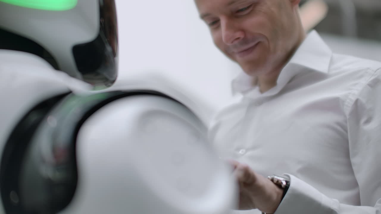 un hombre con una camisa se comunica con un robot blanco haciendo preguntas y presionando la pantalla con los dedos