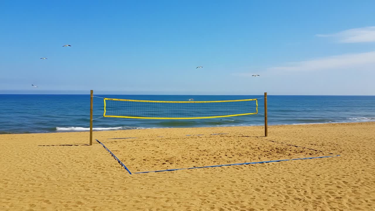 A Beautiful Beach Volleyball Court Waiting for Players, Surrounded by Serene Ocean Waves and a Clear Blue Sky on a Sunny Day