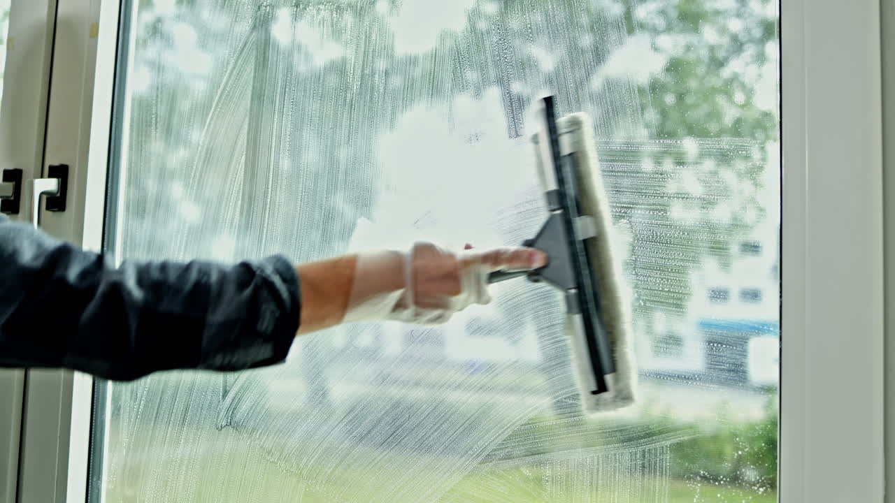 Close-up of a man's hand with a mop for washing windows. A professional cleaning company man washes windows in a house with detergent. Professional house cleaning