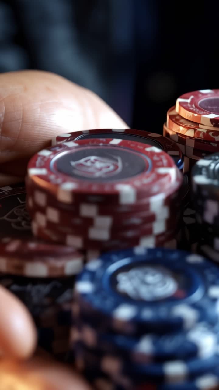 Un primo piano di fiches da poker colorate tenute tra le mani, che mostrano diversi design e colori, perfette per gli appassionati di giochi e casinò