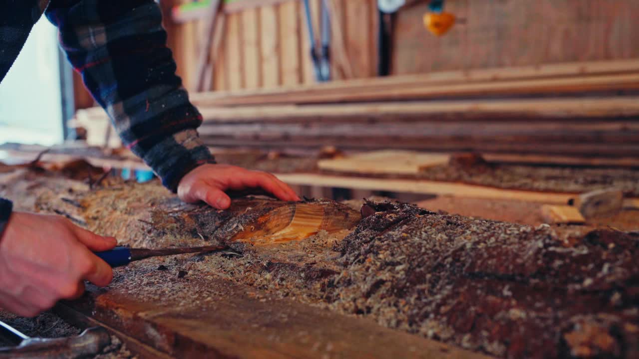 A Woodworker Begins Shaping a Raw Slab of Timber to Craft a Rustic Bench - Close Up