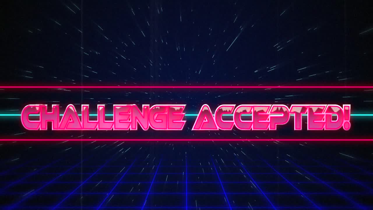 Retro Challenge accepted text glitching over blue and red lines on white hyperspace effect