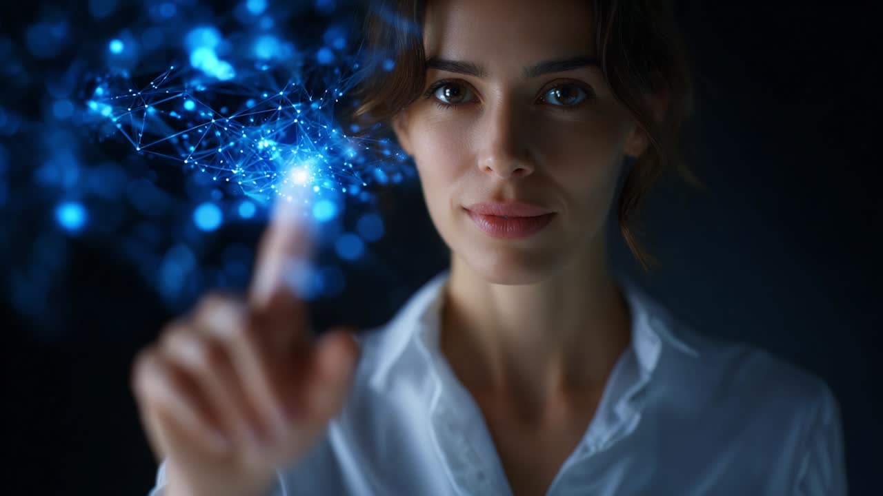 A confident woman interacts with a digital interface, illuminating a holographic network of interconnected nodes, representing technology, innovation, and the digital age marked by her touch and engagement