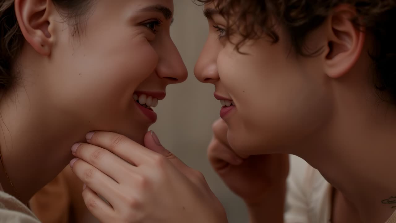 Sorrisi, sguardi che si incrociano, coppia che si avvicina in una stanza, mani sui colli, top color carne, orecchino, affetto