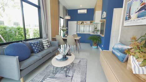 beautiful blue coloured home decoration- living area and dining area