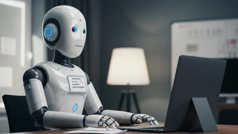 a futuristic robot interacting with a computer, exemplifying advanced technology and artificial intelligence in a modern workspace, illustrating the evolution of human-machine collaboration