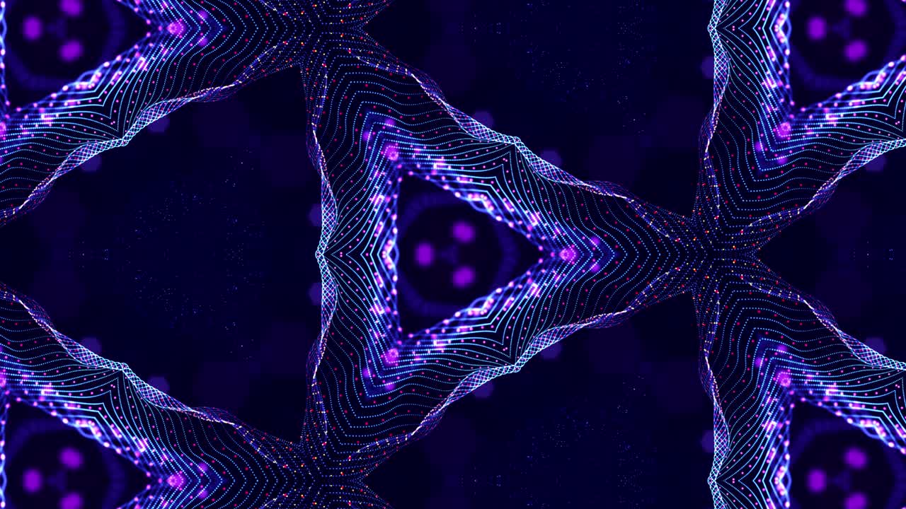 Kaleidoscopic abstract theme. 4k looped sci-fi 3d background with glow blue particles form lines, surfaces, pattern complex symmetrical structures