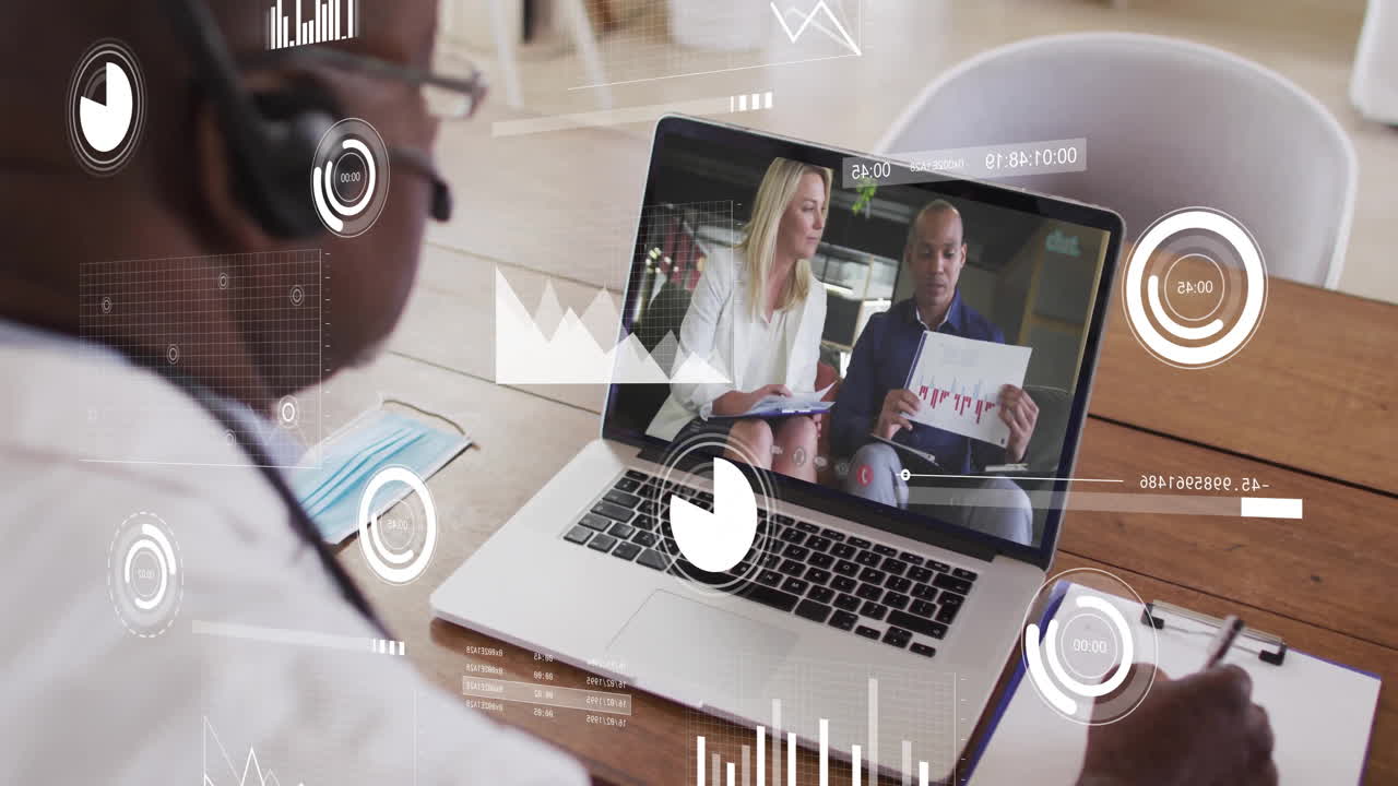 Animation of financial data processing over african american man on laptop video call
