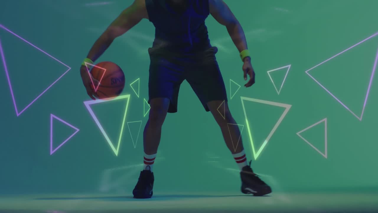 animación del patrón de neón sobre el jugador de baloncesto afroamericano.