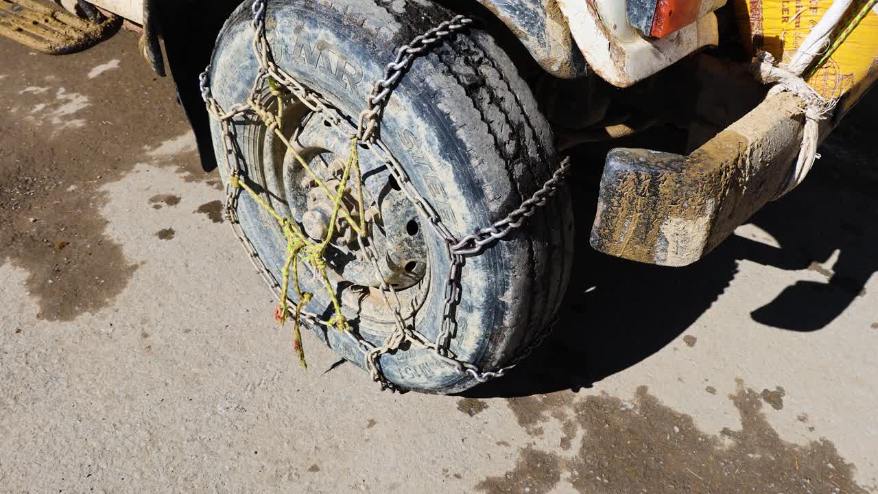 winter driving safety with chained tire for snowy road