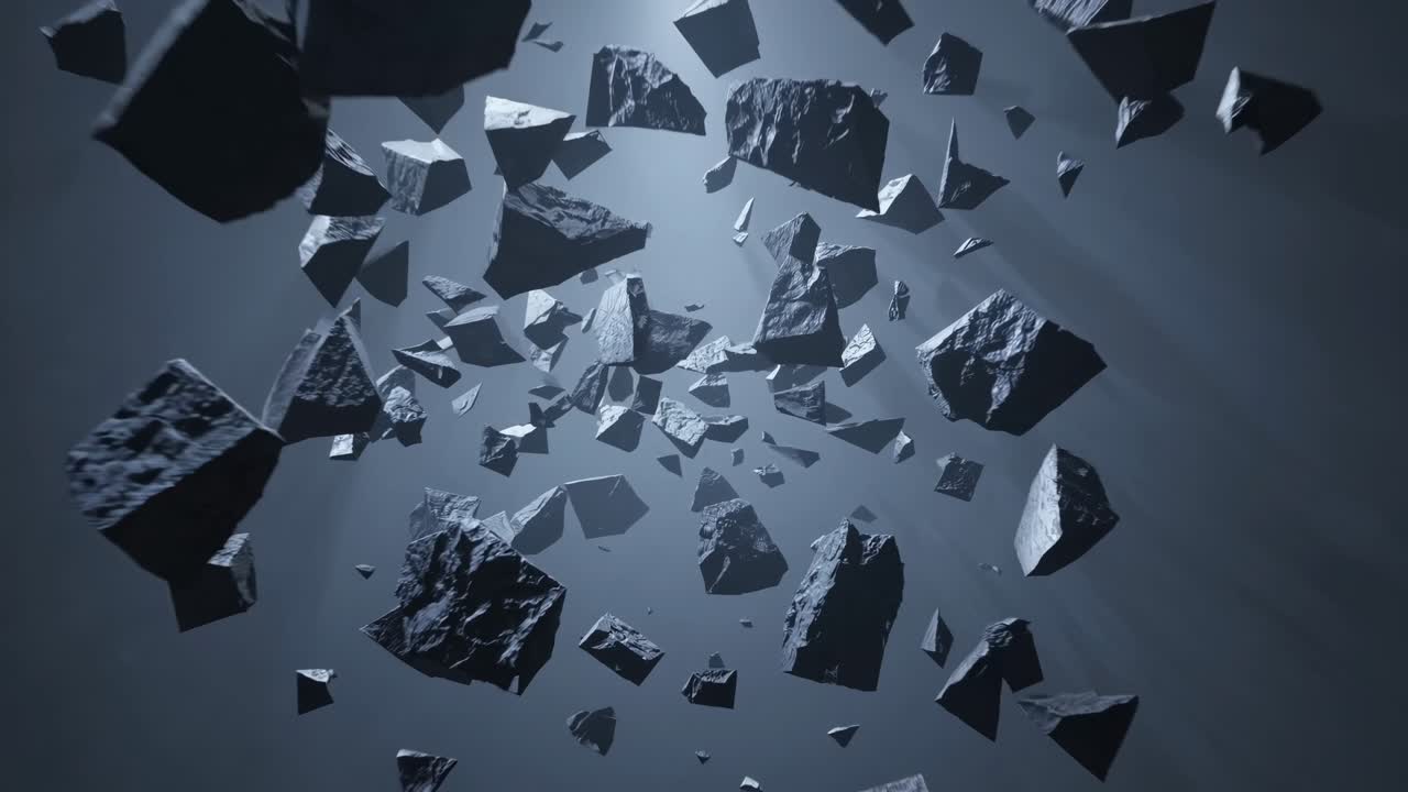 Dynamic sequence of floating rocks in a dark space, showcasing the continuous motion and depth of the scene with dramatic lighting effects