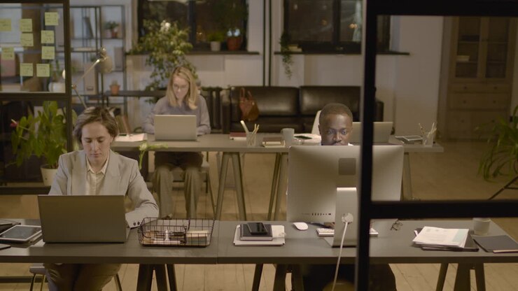 Impiegati (uomini e donne) americani che lavorano al computer seduti alla scrivania in ufficio